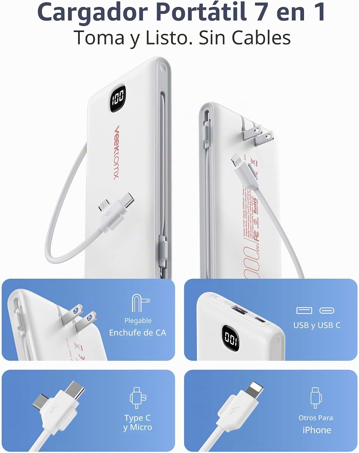 VEEKTOMX Cargador portátil de 10000 mAh con cables integrados y enc...