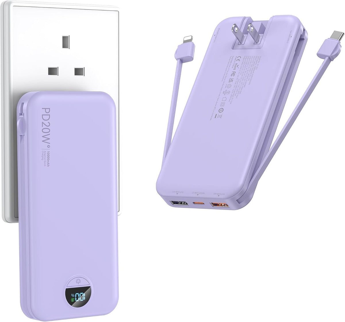 Cargador portátil Ffnpua Power Bank 10000mAh PD20W con cables incor...