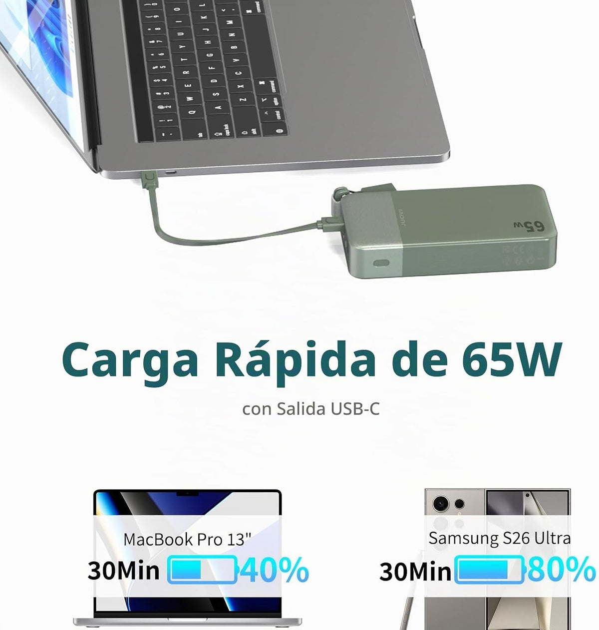 JUOVI Cargador portátil de 65 w para el banco de energía del ordena...