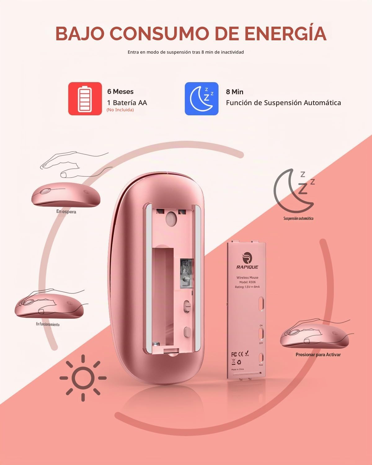 RAPIQUE Ratón inalámbrico Bluetooth (BT5.1+USB), doble conectividad...
