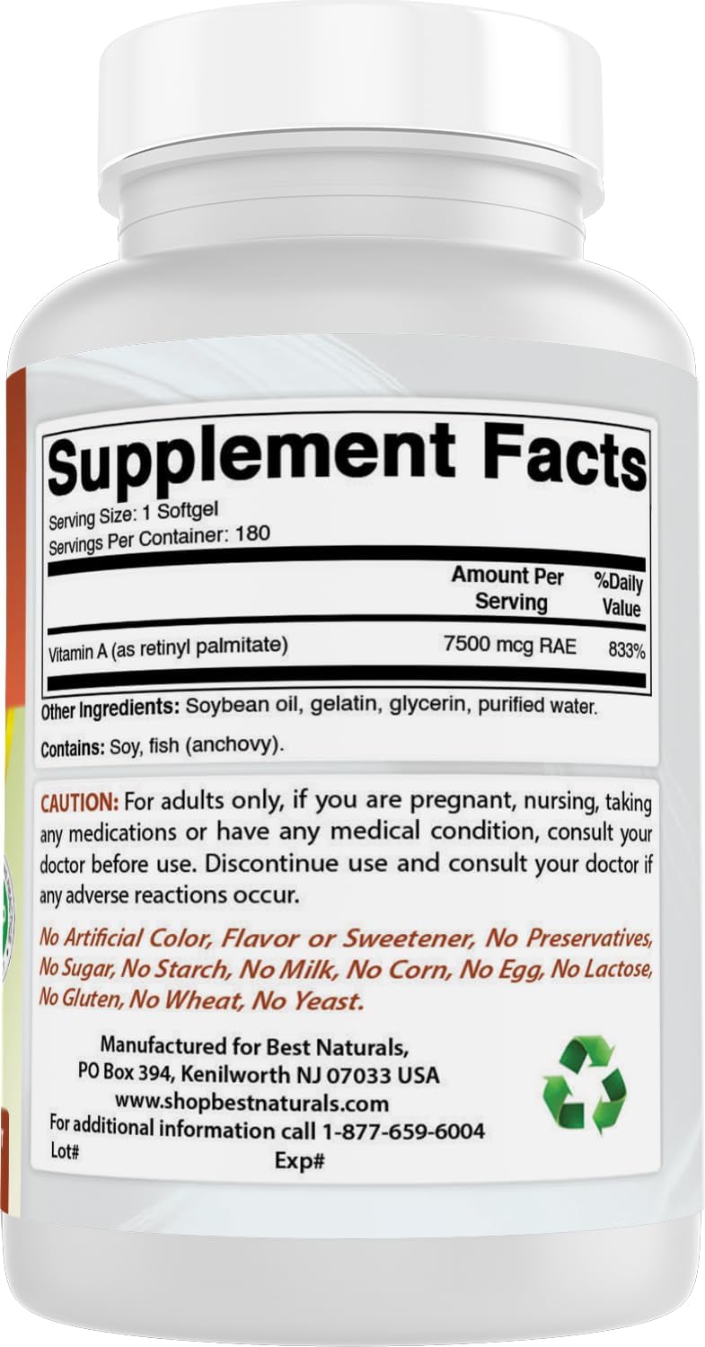 Best Naturals Vitamina A 25000 UI (7500 mcg), fórmula sin OMG que a...