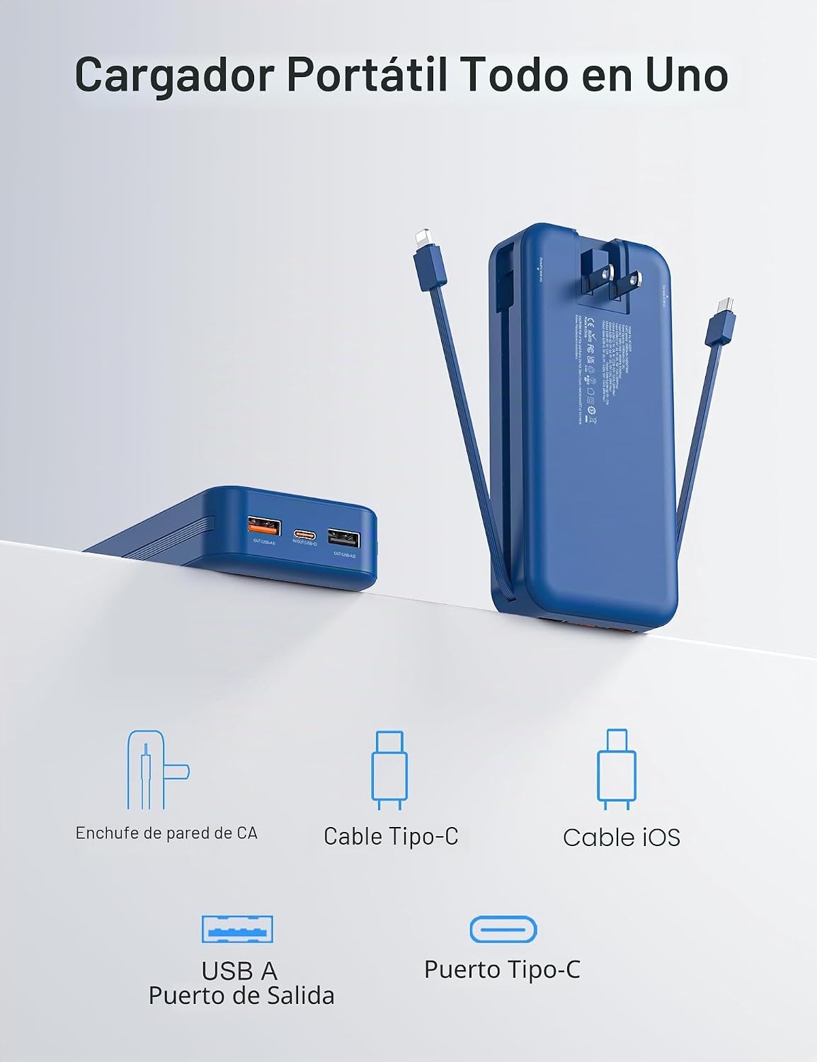 Cargador portátil Power Bank 20000mAh con cables integrados y enchu...