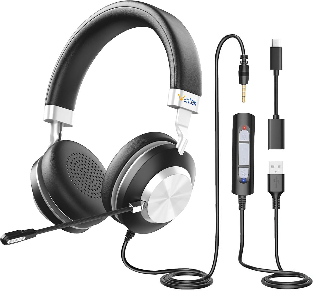 Wantek - Auriculares USB con micrófono para PC, auriculares para co...