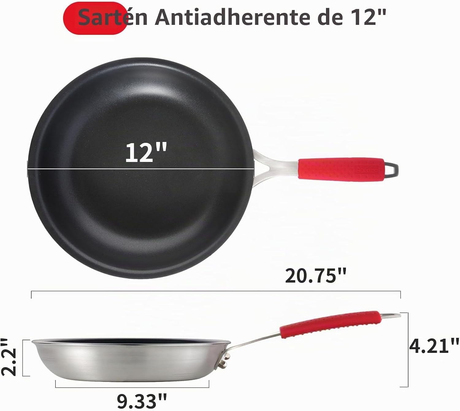 Agerma Sartén antiadherente de 12 pulgadas, sartén de acero inoxida...