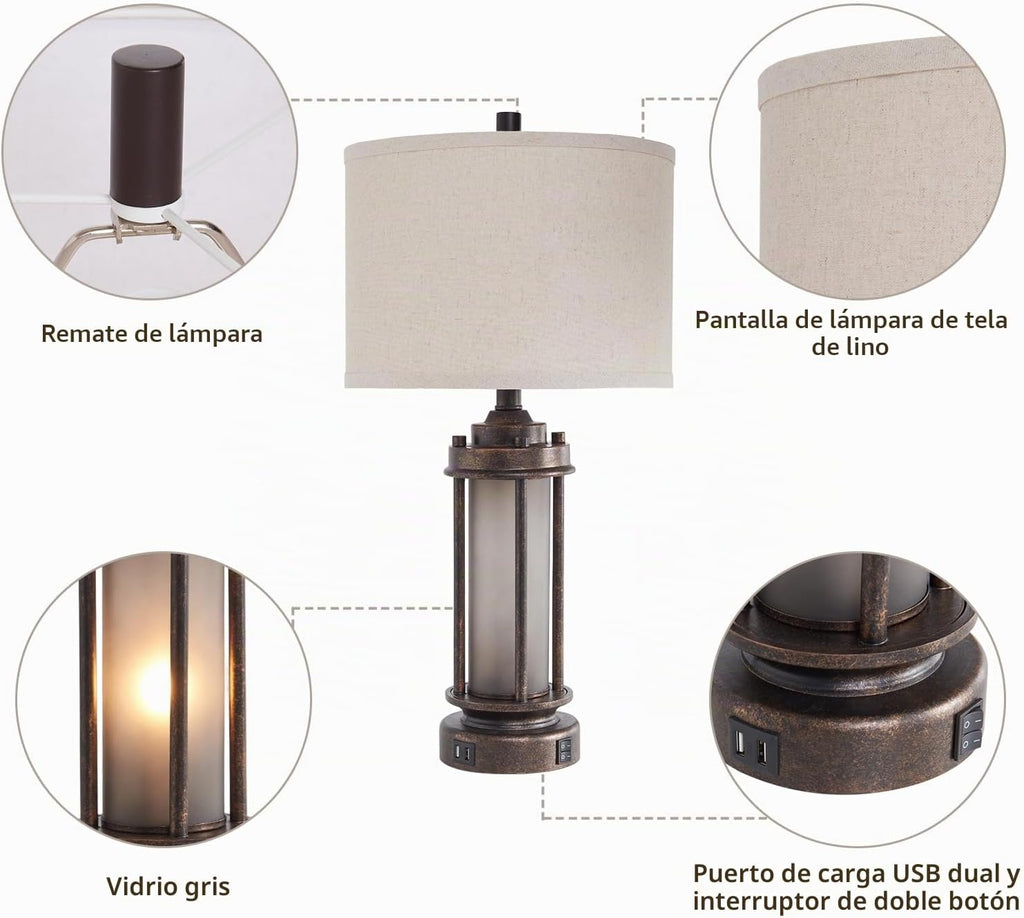 Lámpara de mesa de granja de 25 pulgadas con 2 puertos de carga USB...
