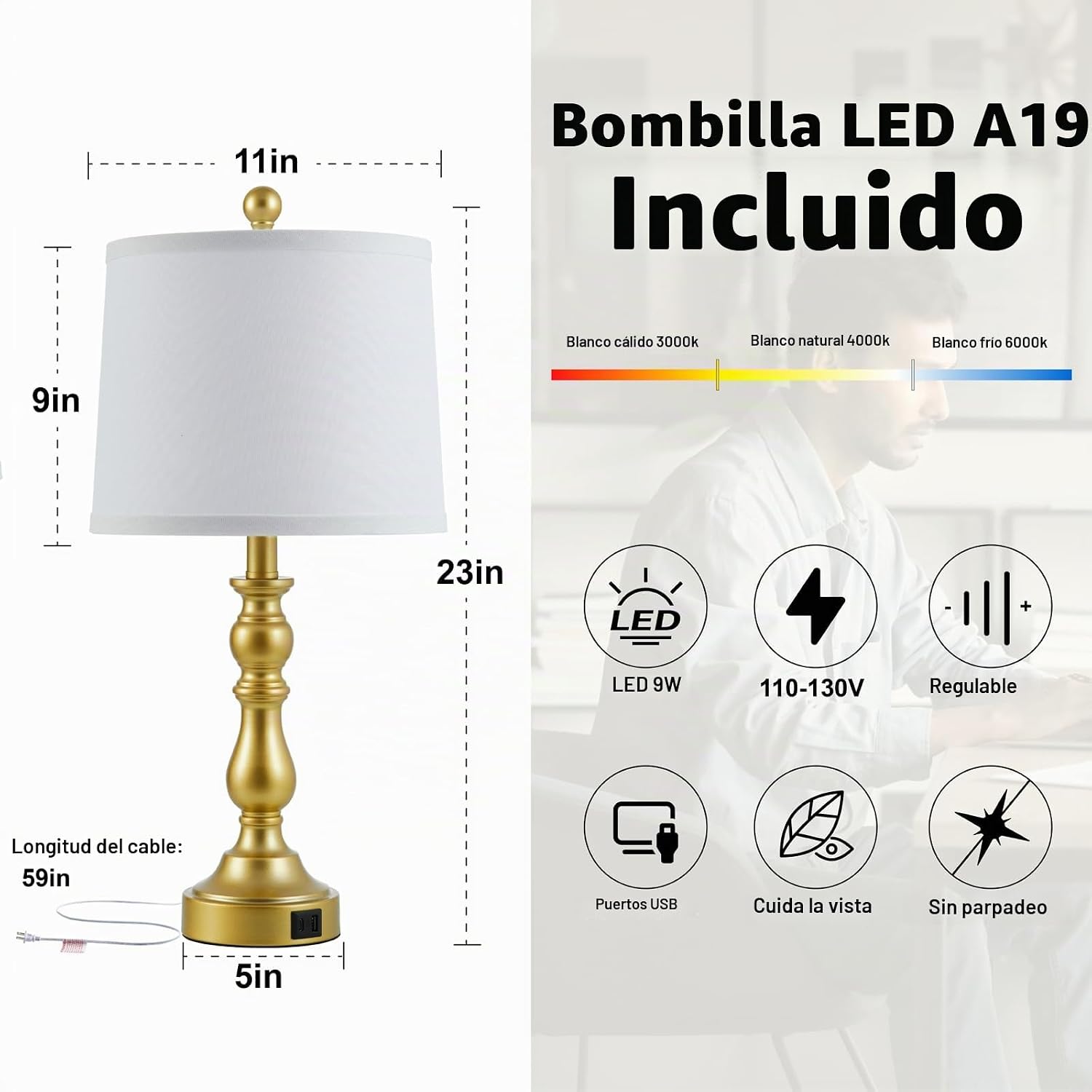 Leasgy Juego de 2 lámparas de mesa doradas, lámparas doradas para |...