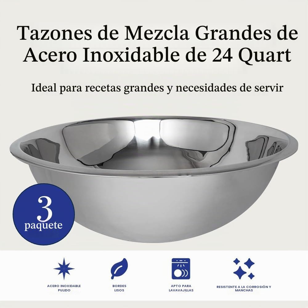 Juego de cuencos grandes de acero inoxidable de 24 cuartos de galón...