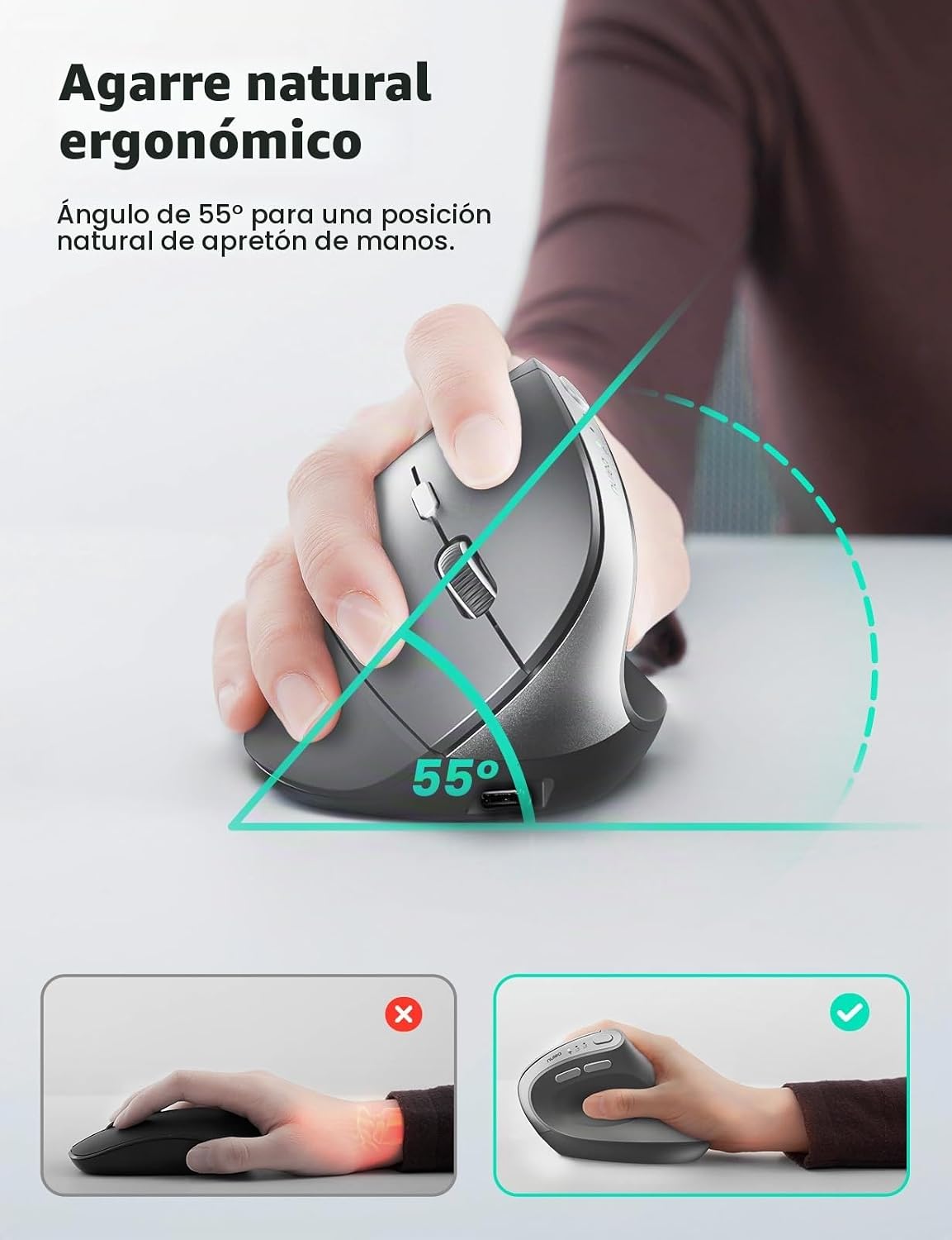 Nulea MD280 - Ratón inalámbrico vertical ergonómico, Bluetooth y mo...
