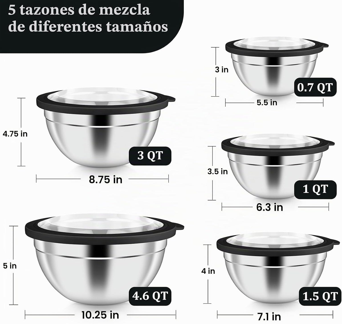 P&amp;P CHEF Juego de 5 tazones para mezclar con tapas herméticas v...
