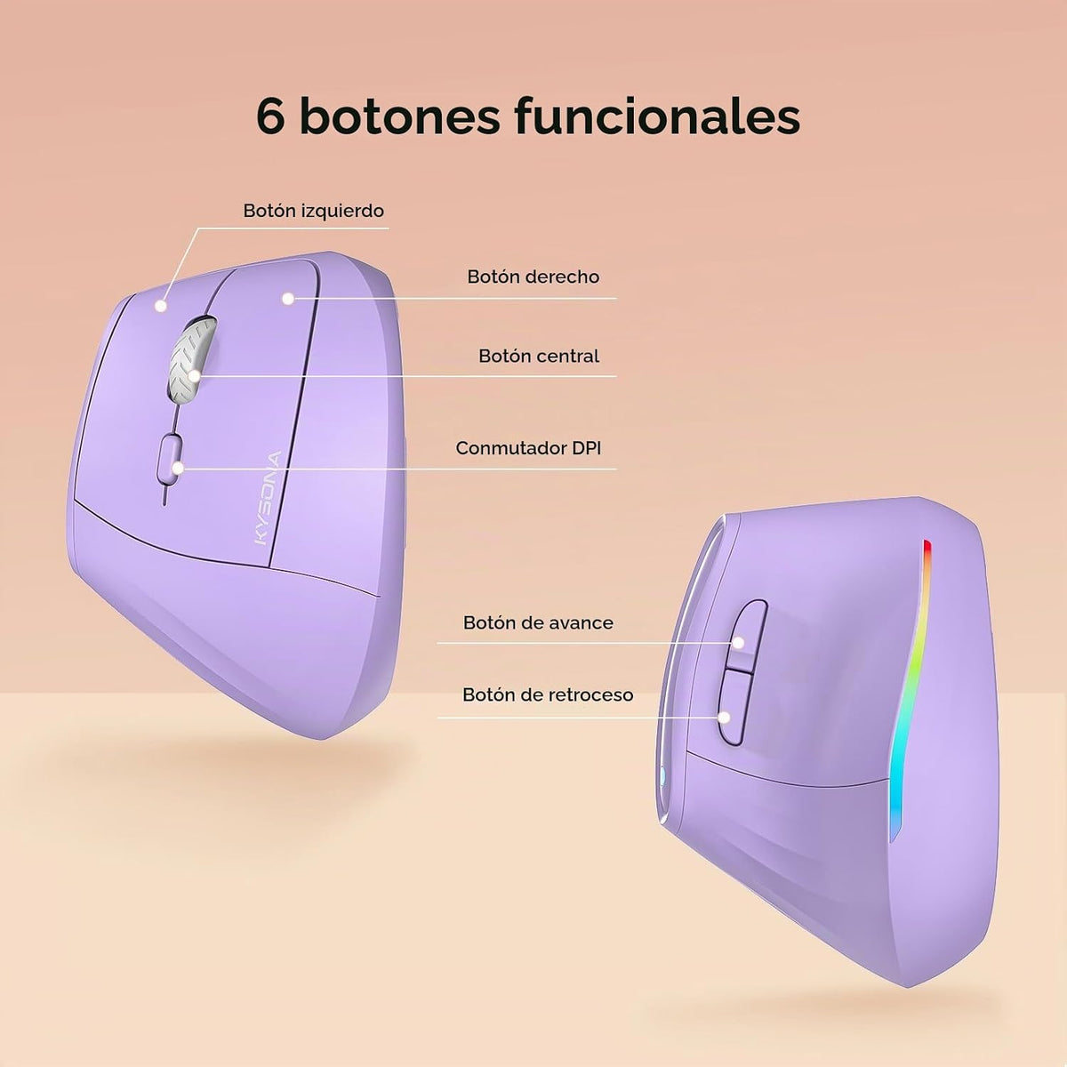 KYSONA Ratón ergonómico inalámbrico de 57°, mouse vertical, mouse d...