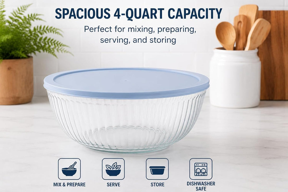 Pyrex 7404 Cuenco de vidrio para mezclar de 4.5 cuartos con tapa az...