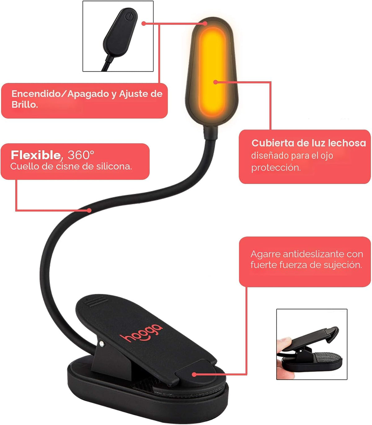 hooga Luz de libro ámbar, luz de lectura LED recargable con bloqueo...