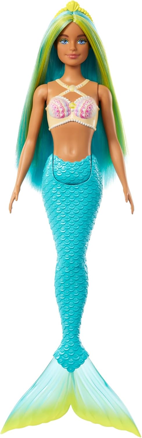 Muñeca Barbie Sirena con pelo de fantasía bicolor azul y amarillo |...