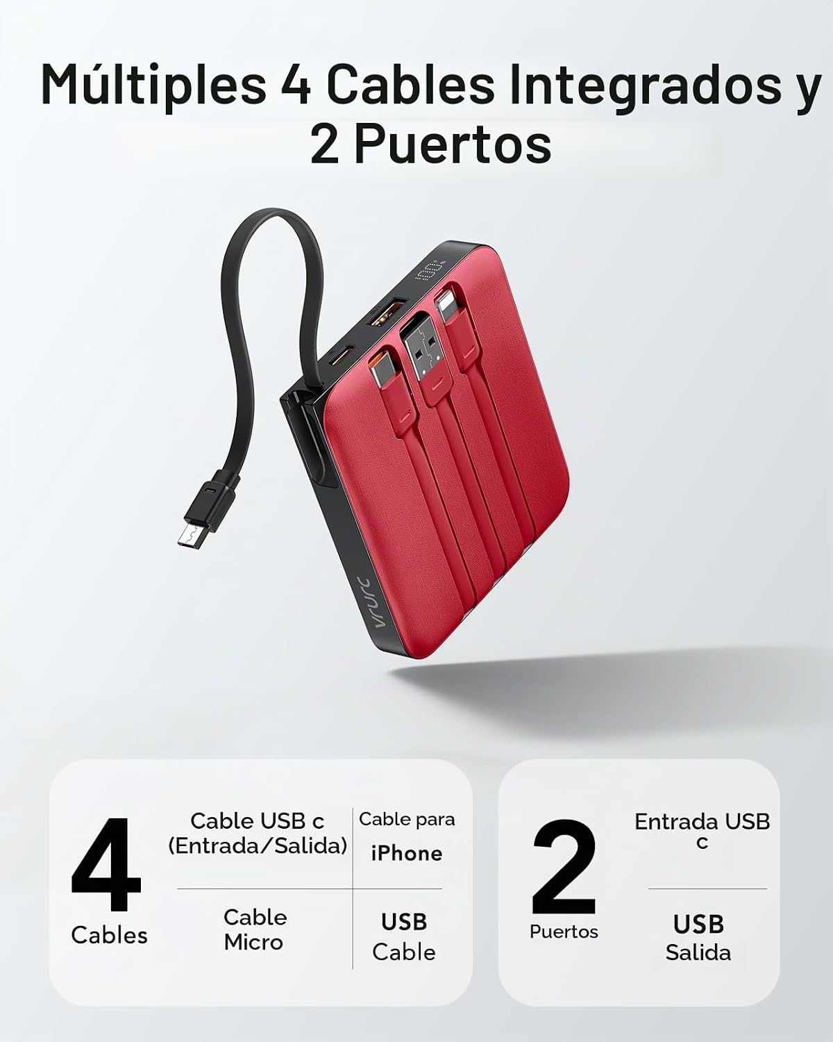 VRURC 10000mAh Cargador portátil Banco de energía Cables incorporad...