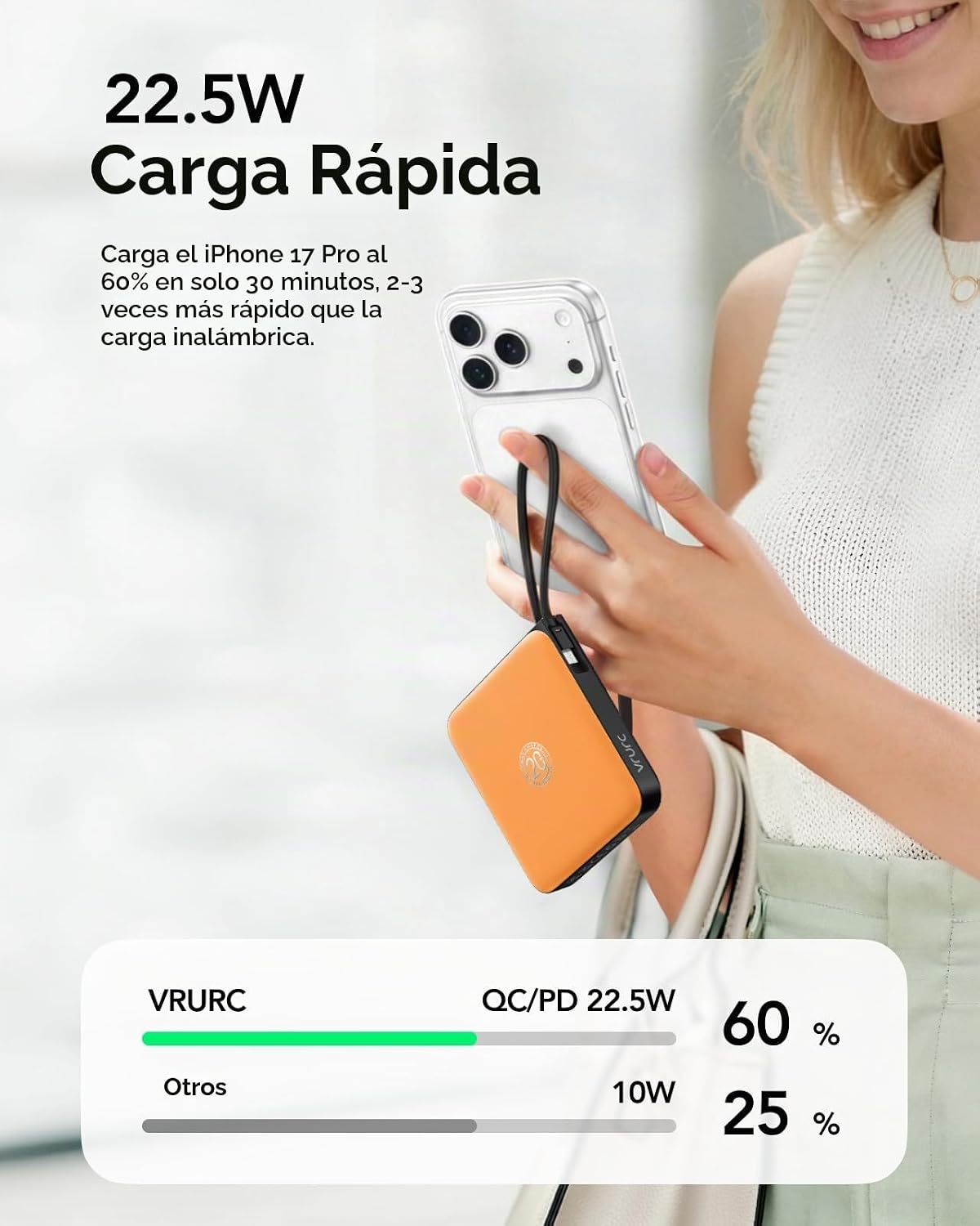 Cargador portátil cables incorporados, banco de energía de carga rá...