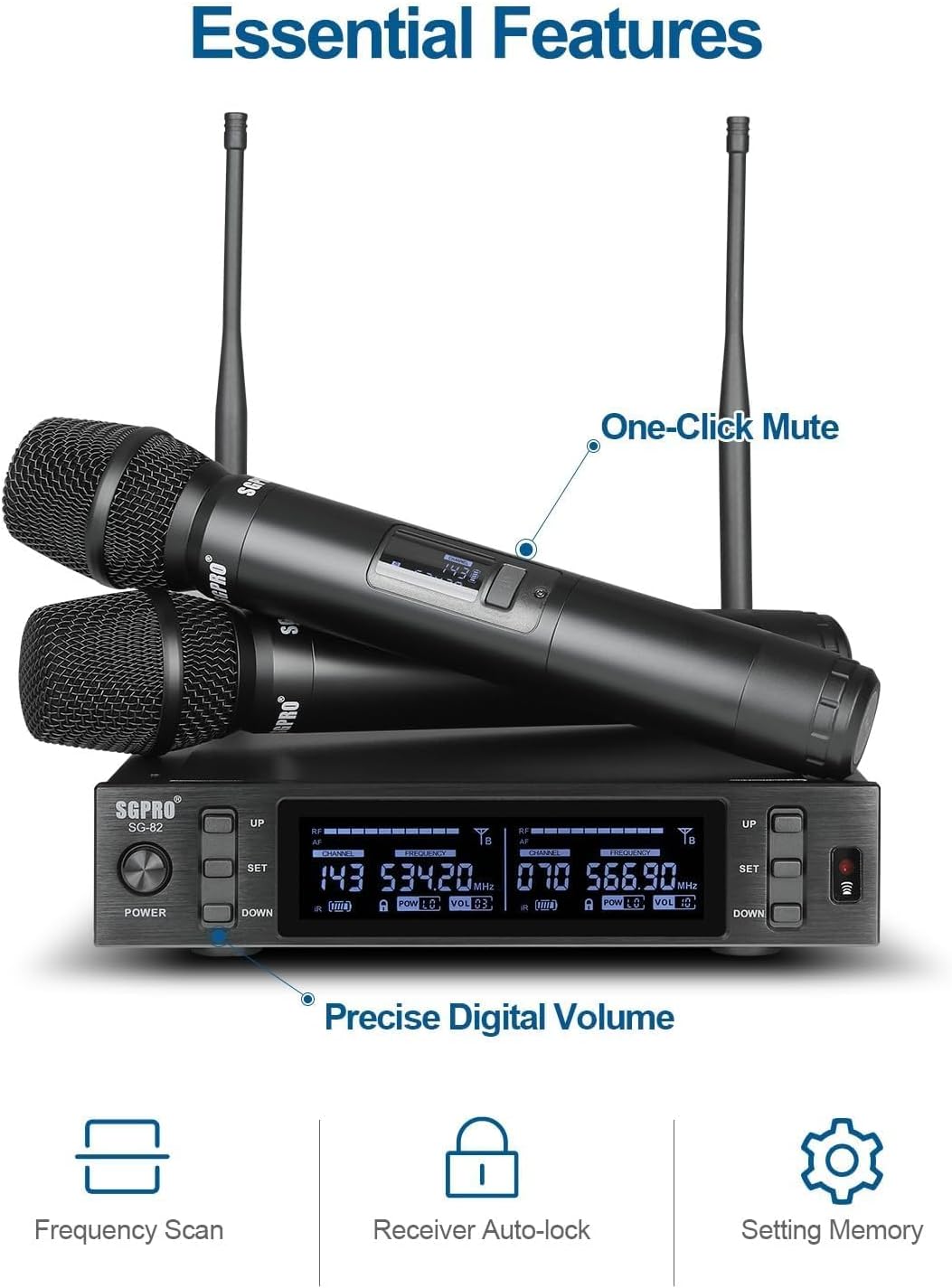 SGPRO SG-82HH Sistema de micrófono inalámbrico de mano dual, 520-59...