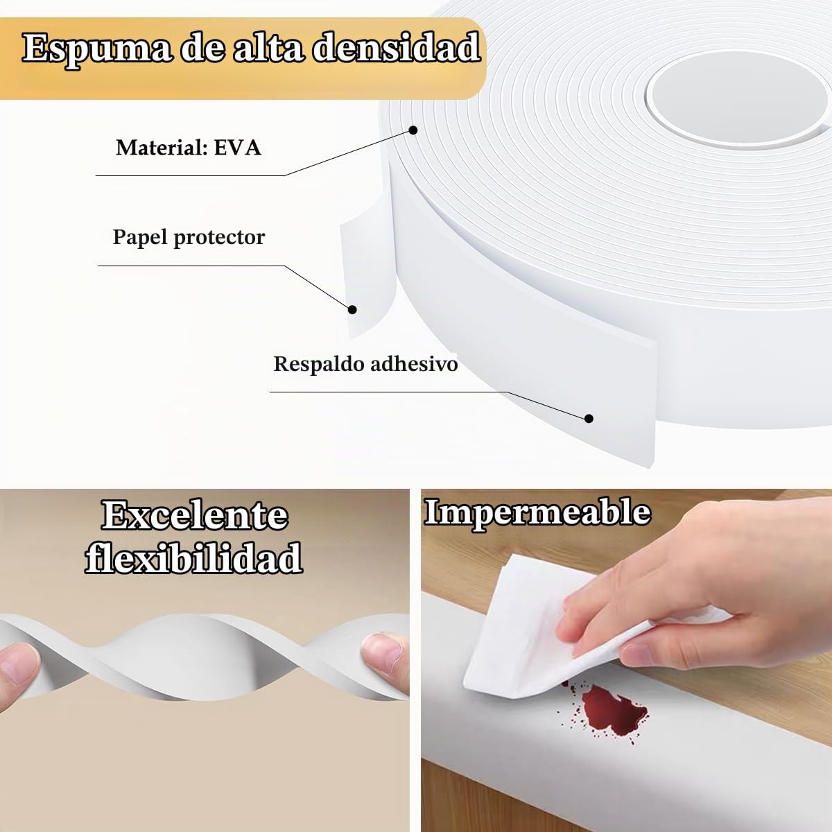 Burlete de puerta blanco, cinta de espuma autoadhesiva de alta dens...