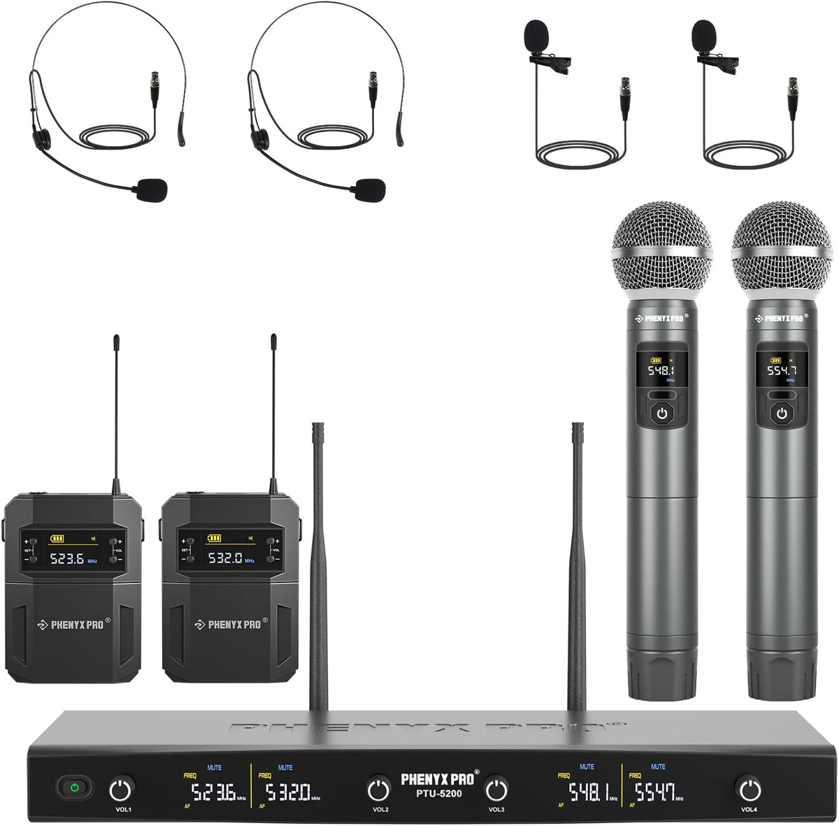 Phenyx Pro Micrófonos inalámbricos de mano/bodypack UHF de 4 canale...
