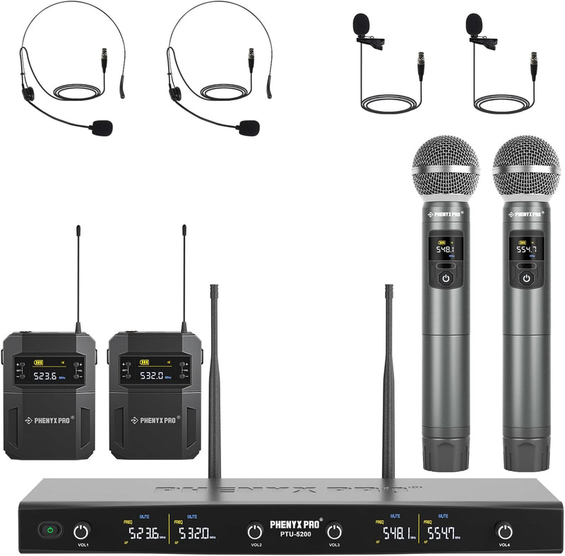 Phenyx Pro Micrófonos inalámbricos de mano/bodypack UHF de 4 canale...