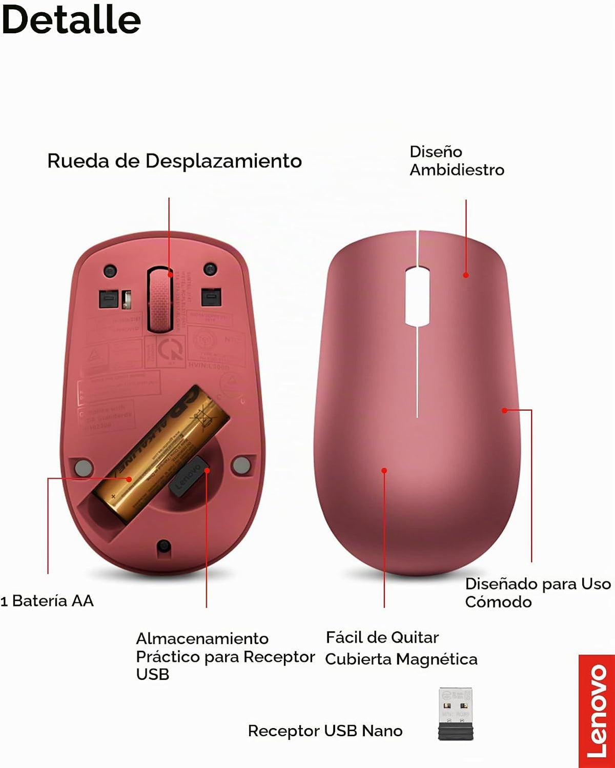 Lenovo 530 - Mouse inalámbrico de tamaño completo para PC, laptop,...