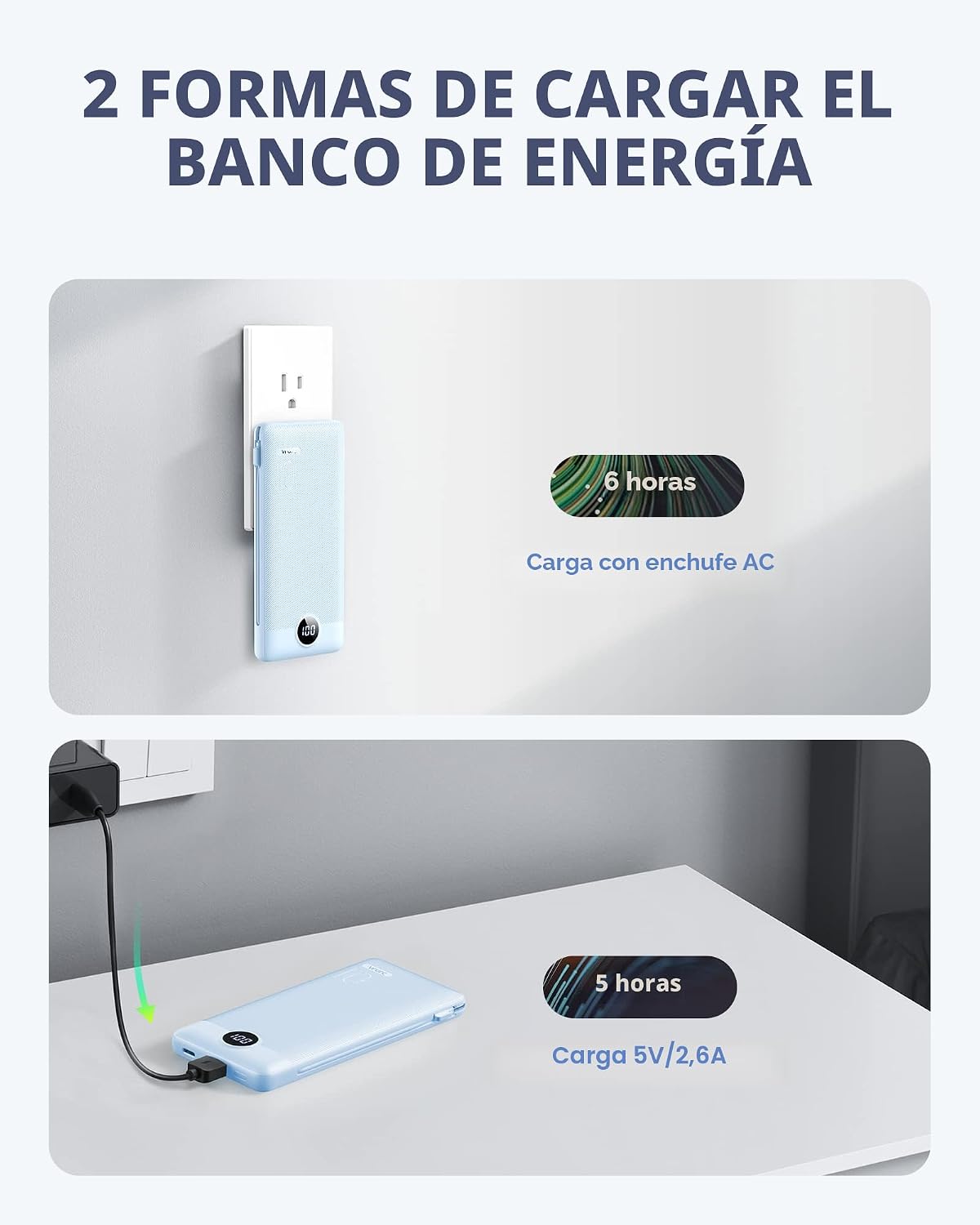 Cargador portátil VRURC, cables incorporados del banco de energía y...