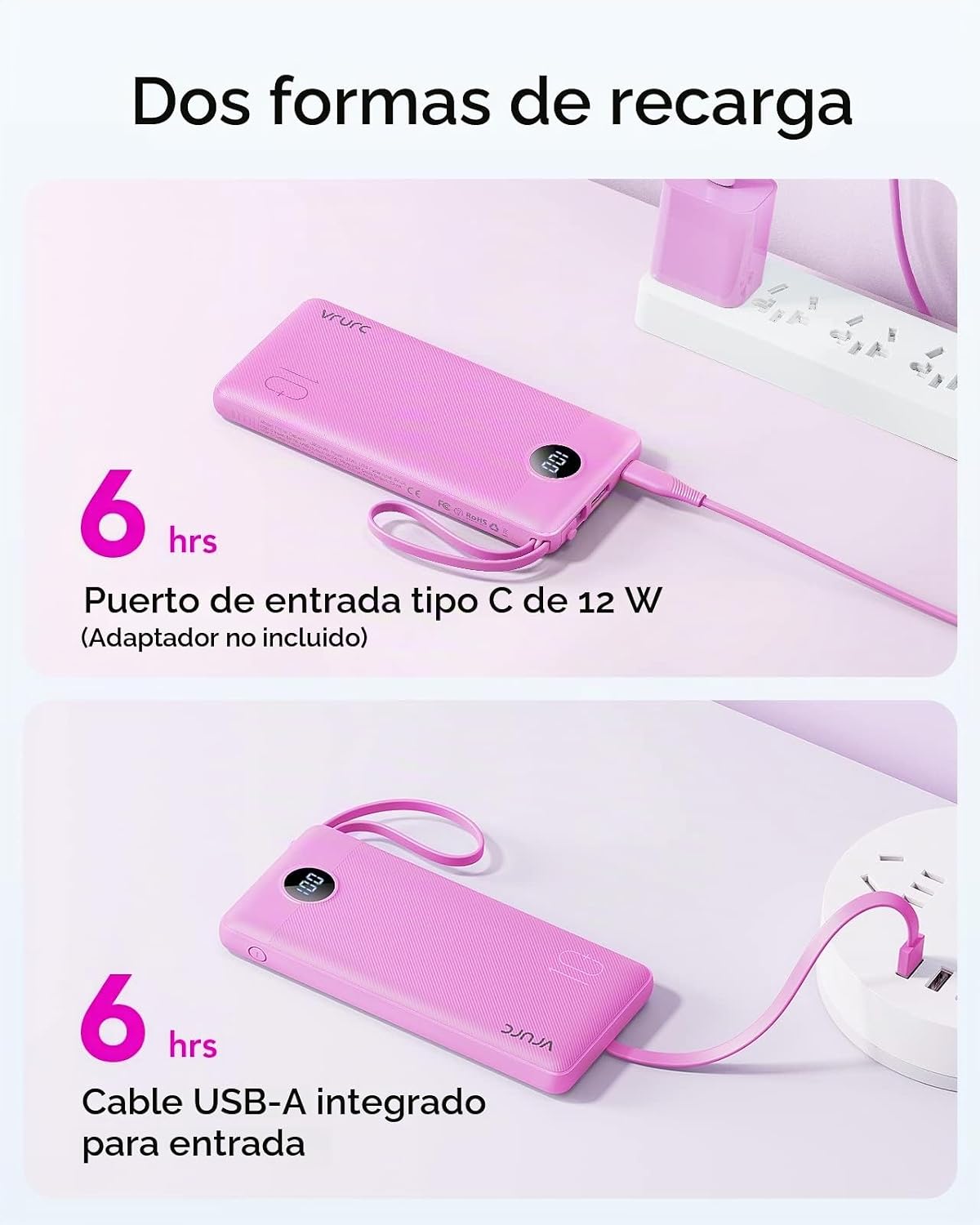 VRURC Cargador portátil, banco delgado de energía incorporado 4 cab...
