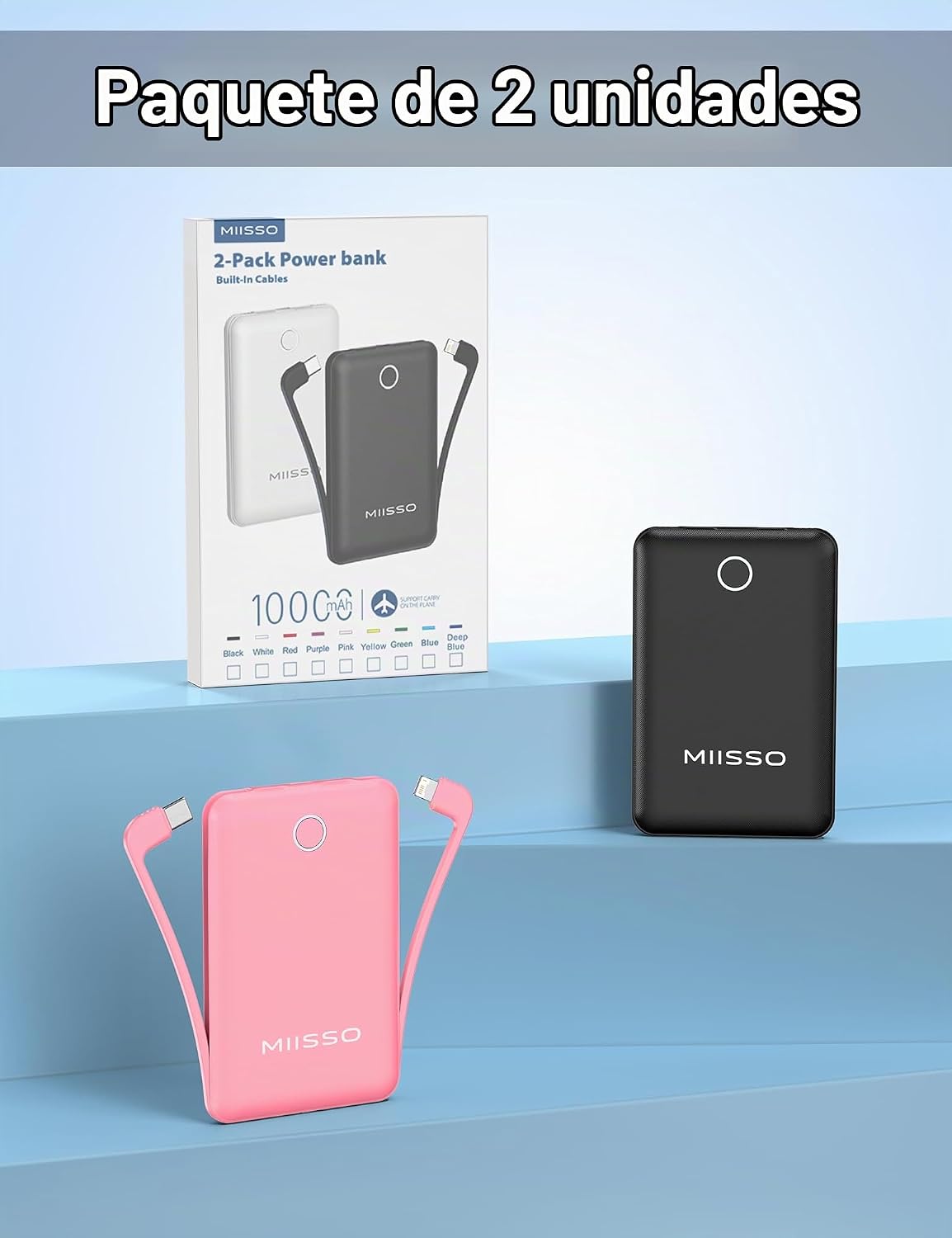 Mini cargador portátil de 10000 mAh con cable incorporado, paquete...