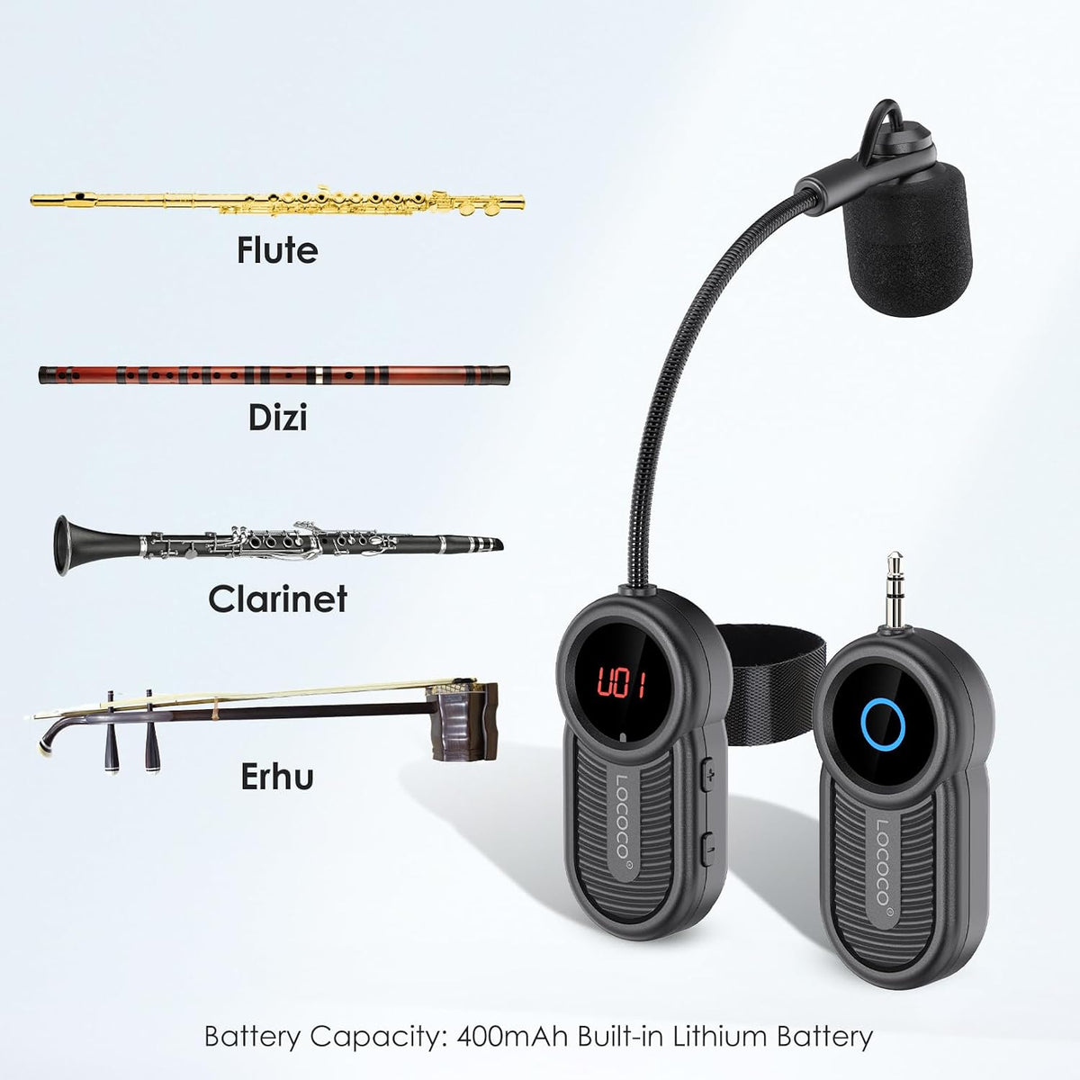 Lococo UHF Sistema de micrófono inalámbrico para flauta: Receptor y...