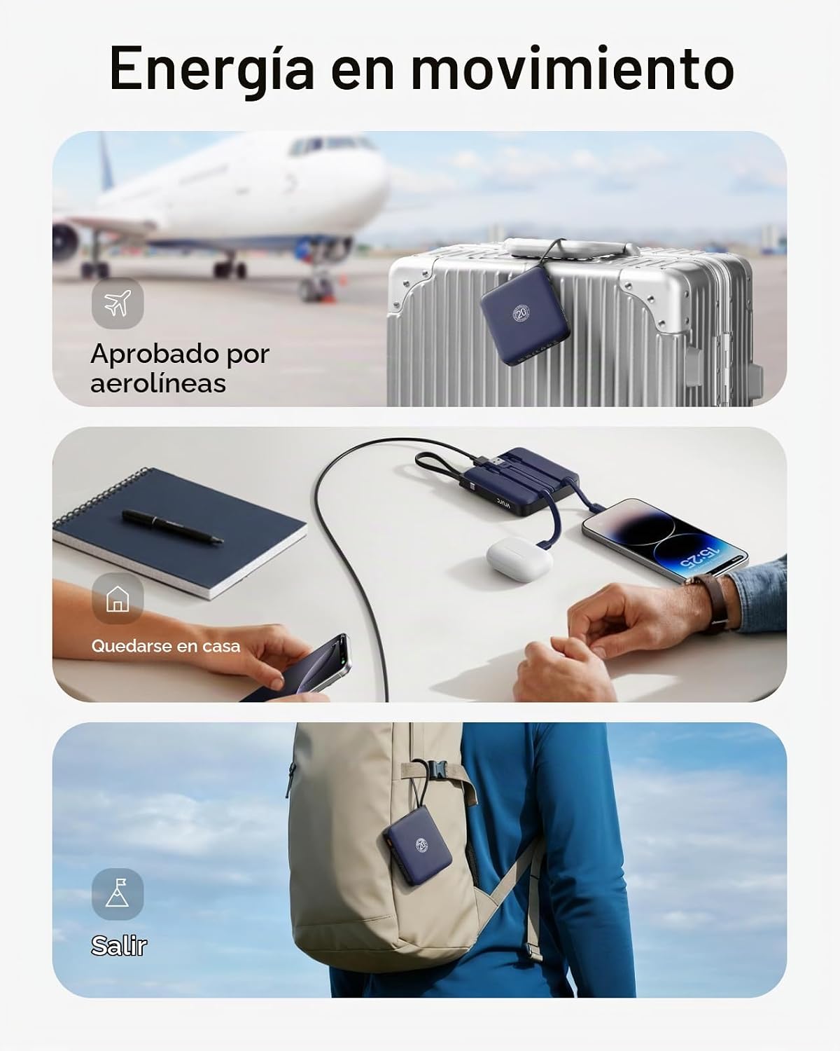 Cargador portátil VRURC con 4 cables incorporados, carga rápida de...