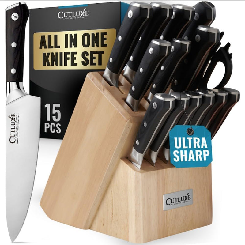 Cutluxe - Juego de 15 cuchillos \u2013 Bloque de madera de goma de...