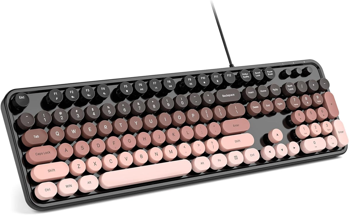 MOWUX Teclado de computadora con cable, teclado USB redondo retro P...