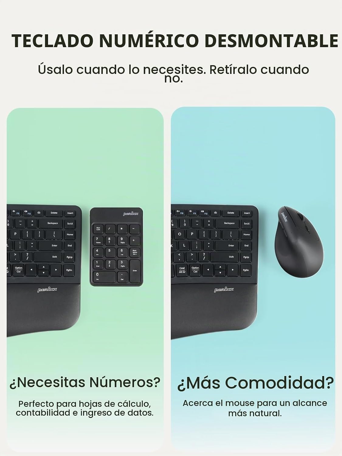 Perixx PERIDUO-606IIA Teclado ergonómico compacto inalámbrico 3 en...