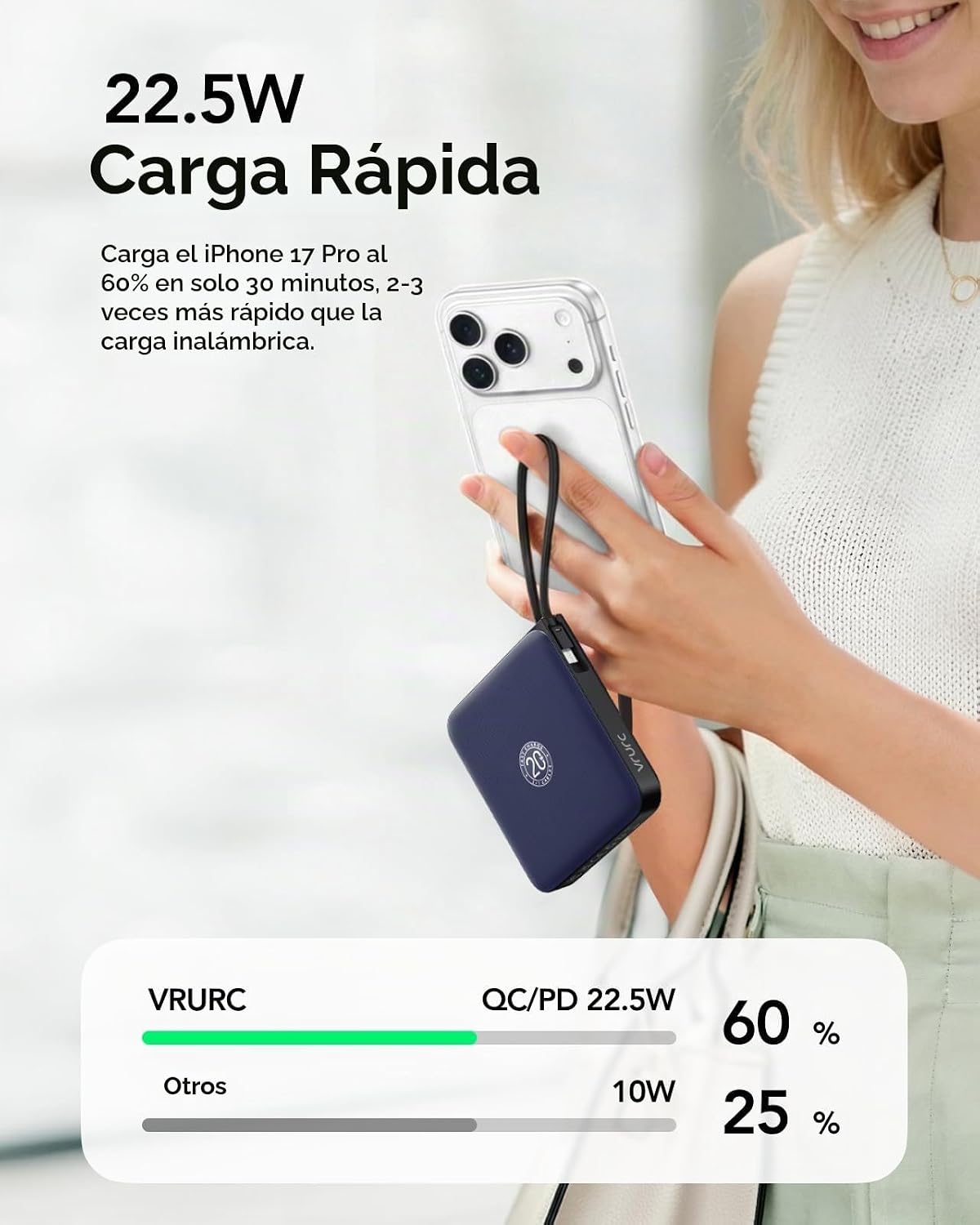 Cargador portátil VRURC con 4 cables incorporados, carga rápida de...