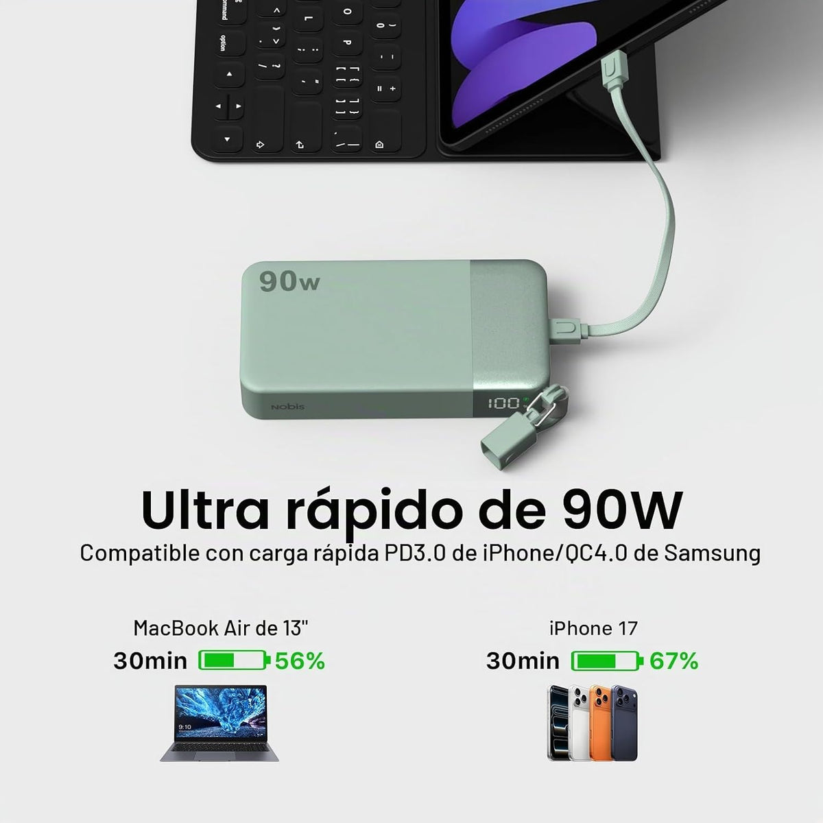NOBIS Cargador portátil de 90 W, batería externa de 20000 mAh con c...