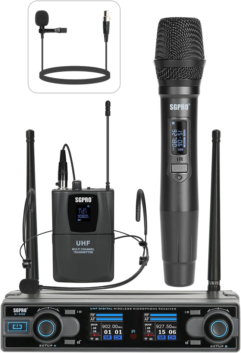 SGPRO D-332HB Sistema de micrófono inalámbrico UHF dual, portátil y...