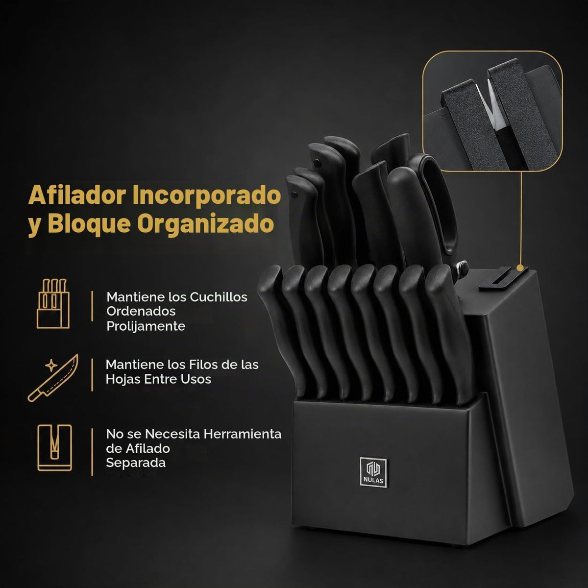 NULAS Juego de bloques de cuchillos de cocina de 19 piezas con afil...