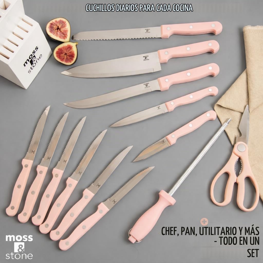 Moss &amp; Stone Pink - Juego de cuchillos de cocina de 14 piezas c...