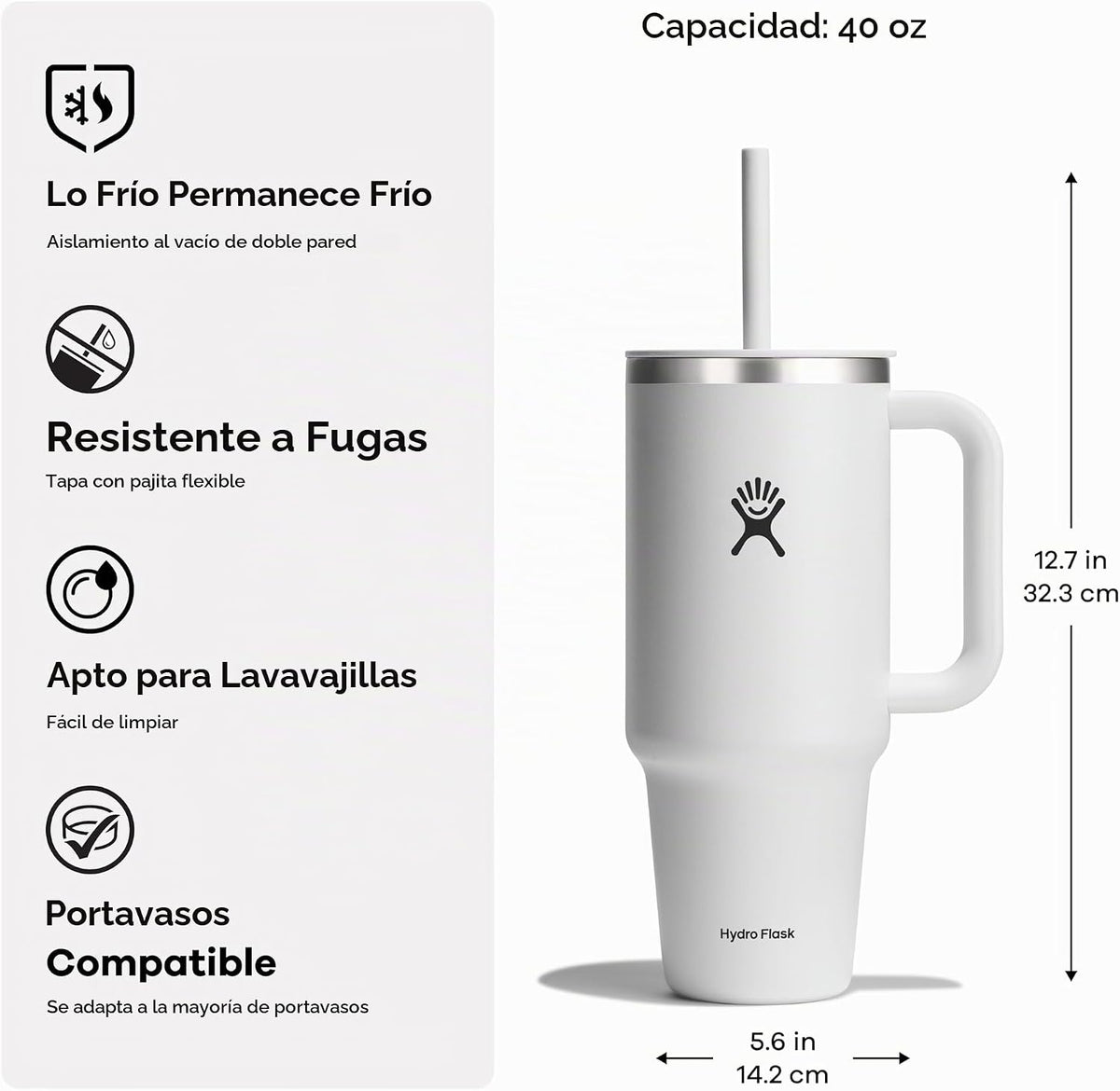 Hydro Flask Vaso de viaje con asa, tapa y pajita, acero inoxidable...