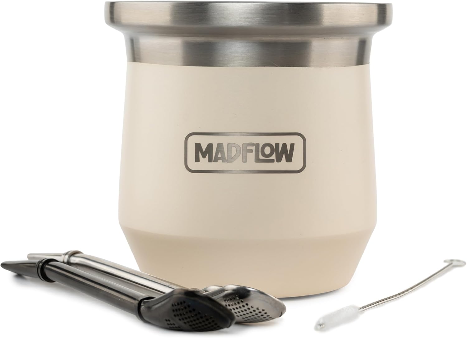MADFLOW Taza de Yerba Mate. Taza mate de acero inoxidable con 2 bombillas. Calabaza de yerba mate aislada al vacío de doble pared. Juego único de calabaza y bombilla