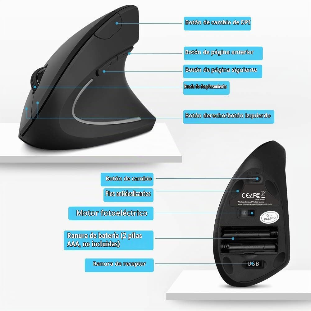 ASOYIOL - Ratón ergonómico inalámbrico, vertical con receptor USB,...