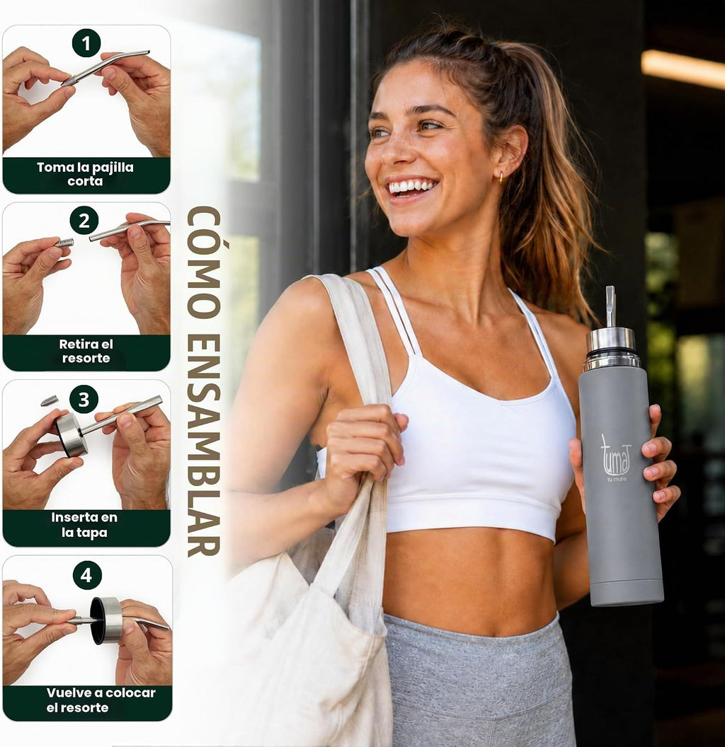 TUMA TU MATE Kit completo de yerba mate, botella térmica AutoMate de doble tapa, taza mate y bombilla, 25.4 fl oz de acero inoxidable de doble pared, bolsa de lona, contenedor Yerbero y calentador