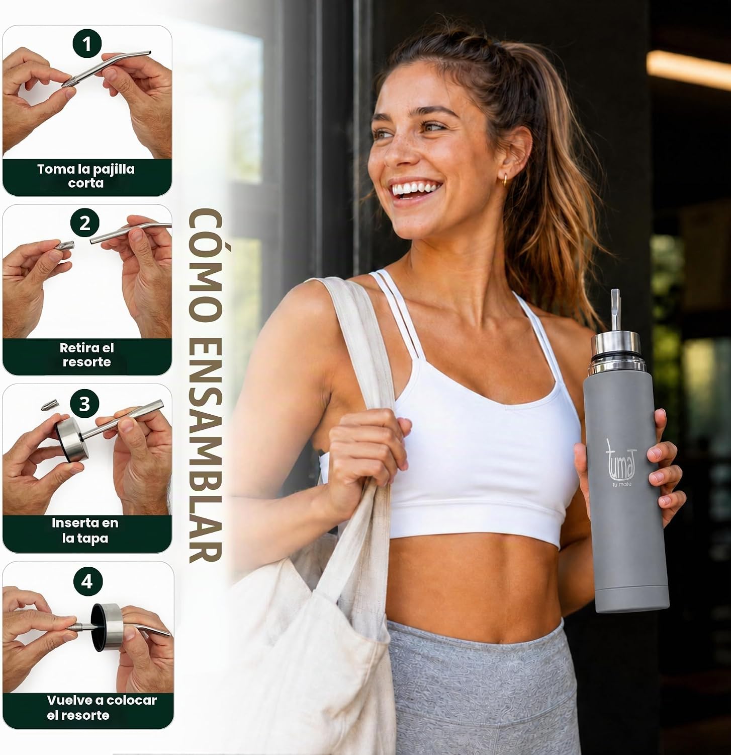 TUMA TU MATE Kit completo de yerba mate, botella térmica AutoMate de doble tapa, taza mate y bombilla, 25.4 fl oz de acero inoxidable de doble pared, bolsa de lona, contenedor Yerbero y calentador