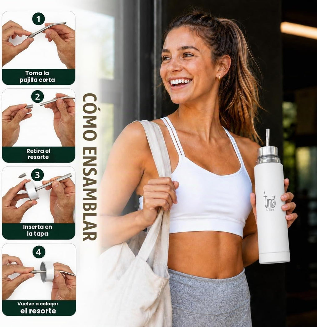 TUMA TU MATE Kit completo de yerba mate, botella térmica AutoMate de doble tapa, taza mate y bombilla, 25.4 fl oz de acero inoxidable de doble pared, bolsa de lona, contenedor Yerbero y calentador