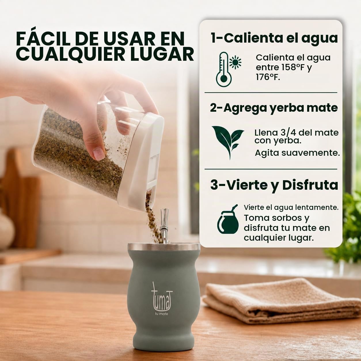 Kit completo de yerba mate – Incluye taza mate, popote (Bombilla), termo de 25.4 fl oz, bolsa y dos regalos (contenedor de yerbero y calentador de inmersión para automóvil)