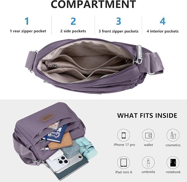 Bolsos cruzados de nailon para mujer, bolsos impermeables con múltiples bolsillos