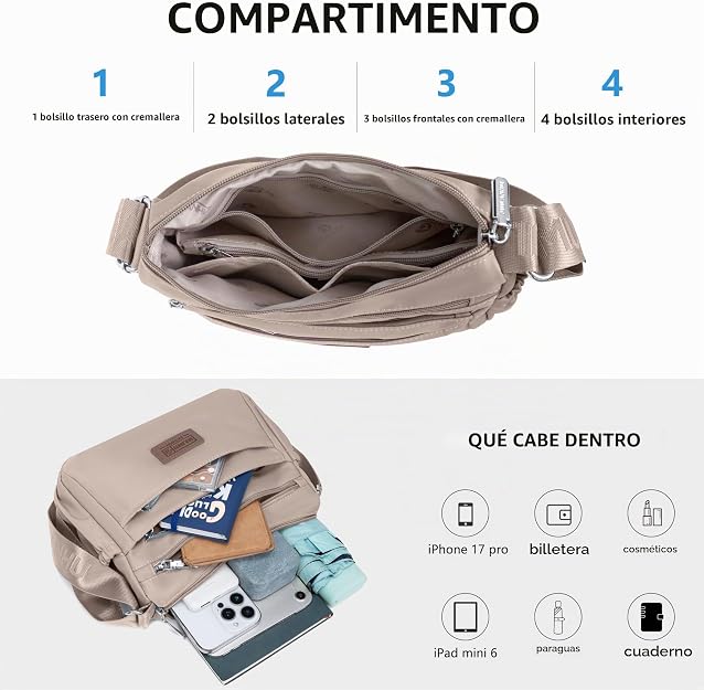 Bolsos cruzados de nailon para mujer, bolsos impermeables con múltiples bolsillos