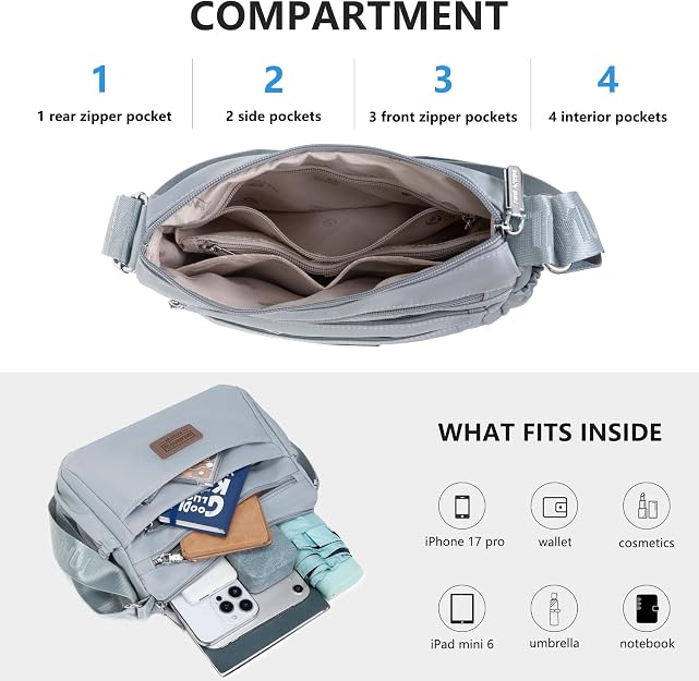 Bolsos cruzados de nailon para mujer, bolsos impermeables con múltiples bolsillos