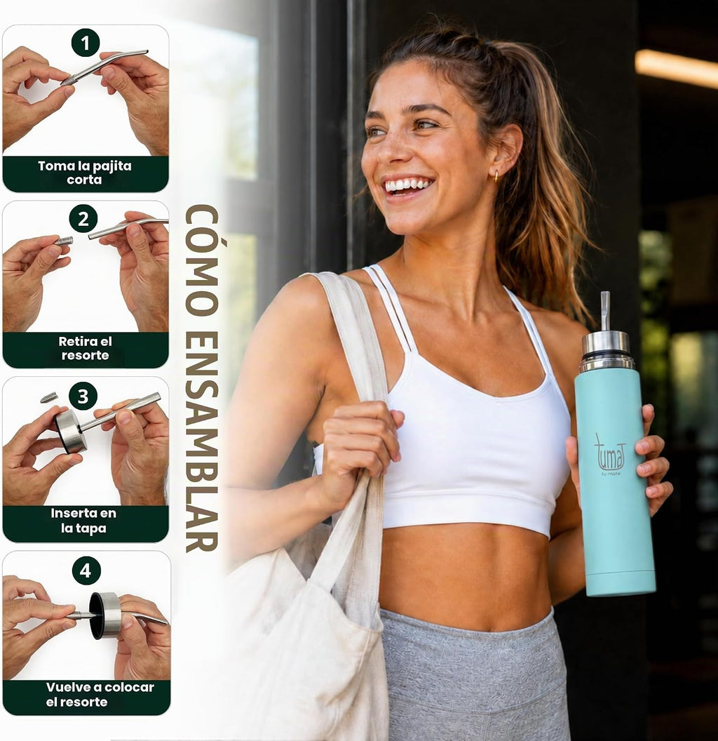 TUMA TU MATE Kit completo de yerba mate, botella térmica AutoMate de doble tapa, taza mate y bombilla, 25.4 fl oz de acero inoxidable de doble pared, bolsa de lona, contenedor Yerbero y calentador