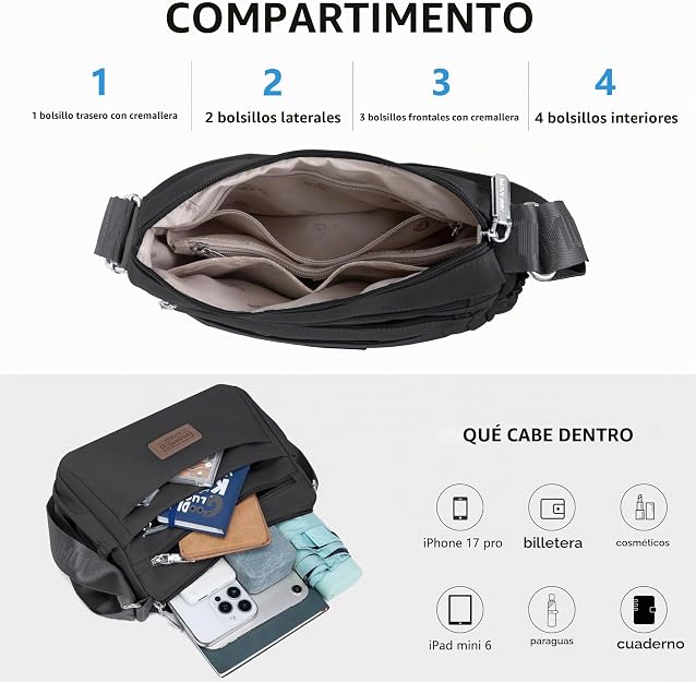 Bolsos cruzados de nailon para mujer, bolsos impermeables con múltiples bolsillos