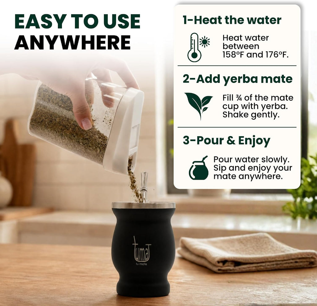 Kit completo de yerba mate, incluye taza mate, popote (Bombilla), termo de 25.4 fl oz, bolsa y dos regalos (contenedor de yerbero y calentador de inmersión para automóvil)